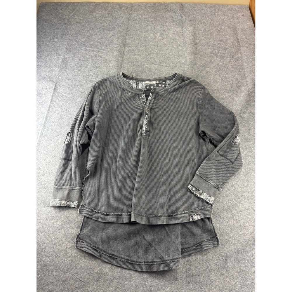 We The Free People Gray Waffle Knit Henley Bandana Trim Thermal Top Womens L